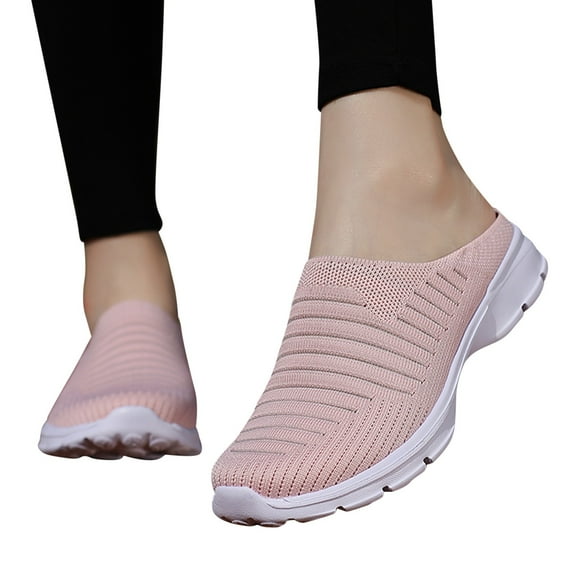 Dakaela Mules for Women Slip on Sneakers Breathable Knit Flats Closed Round Toe Low Top Loafers Pink 9