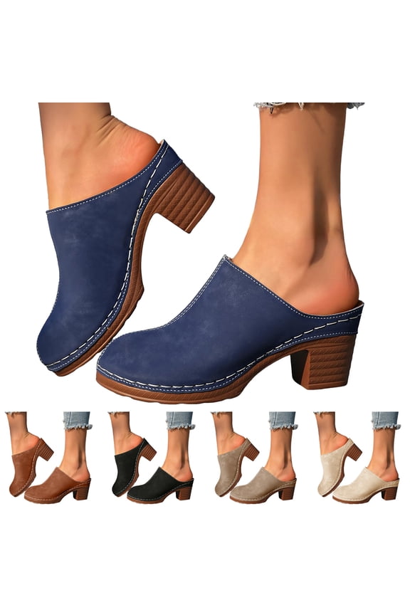 Womens Mules Pumps Closed Round Toe Slip on Heels Clogs Suede Chunky Stacked Heel Slide Sandals Backless Casual Dressy Shoes Size 6-10 Beige