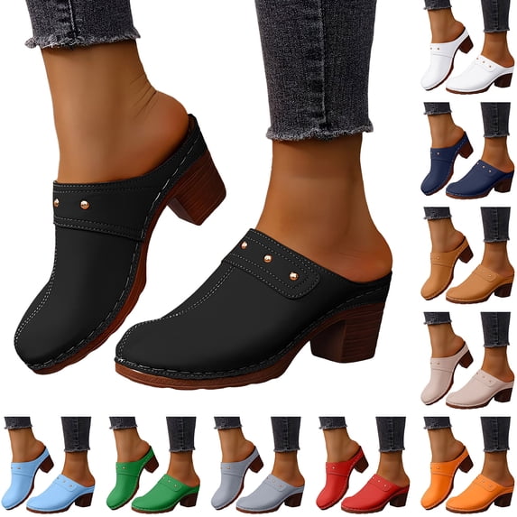 Dakaela Womens Mules Pumps Round Closed Toe Sandals Chunky Heeled Slides Clogs Slip on Casual Backless Loafers Shoes Size 6-10 Beige