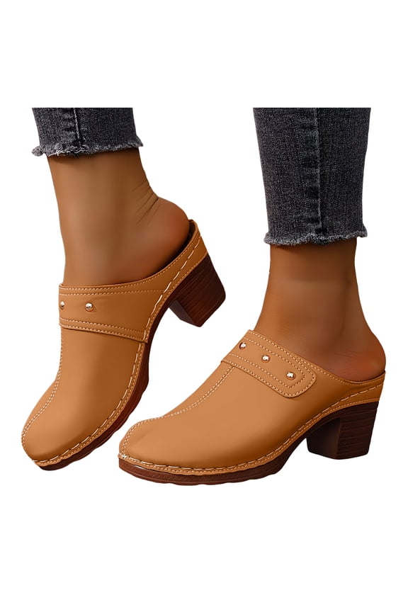 Womens Mules Pumps Round Closed Toe Sandals Chunky Heeled Slides Clogs Slip on Casual Backless Loafers Shoes Size 6-10 Brown