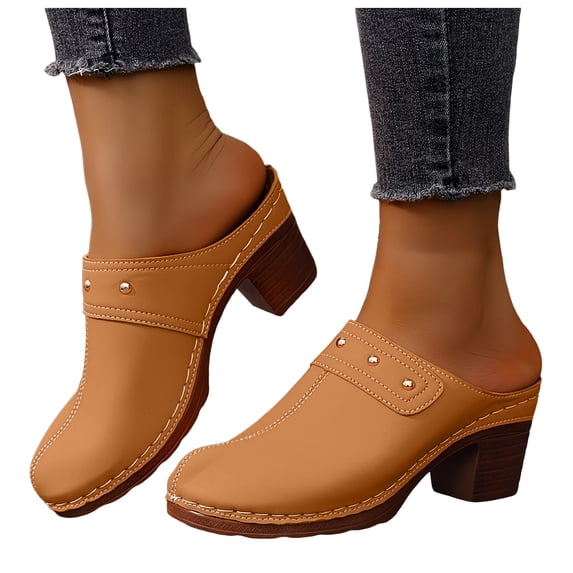 Dakaela Womens Mules Pumps Round Closed Toe Sandals Chunky Heeled Slides Clogs Slip on Casual Backless Loafers Shoes Size 6-10 Brown