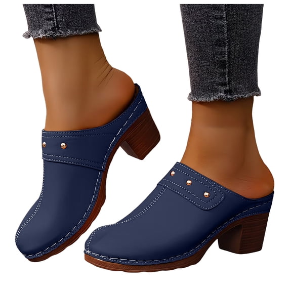 Dakaela Womens Mules Pumps Round Closed Toe Sandals Chunky Heeled Slides Clogs Slip on Casual Backless Loafers Shoes Size 6-10 Navy