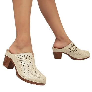 Dakaela Womens Mules Pumps Round Toe Slip on Heels Sandals Arch Support Cutout Backless Dress Clogs