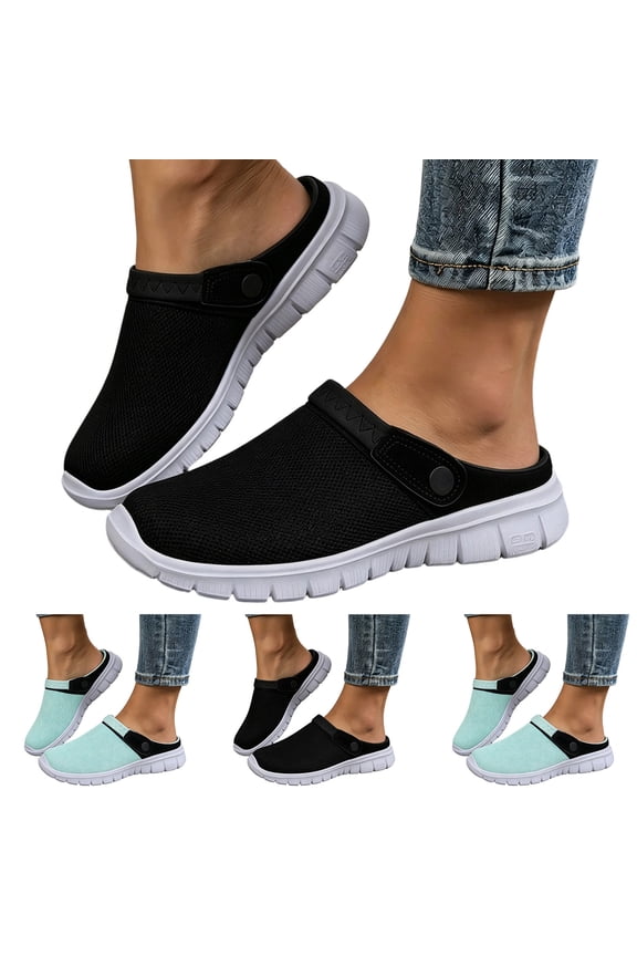 Womens Orthopedic Clogs Memory Foam Platform Sneakers Slip on Walking Shoes Plantar Fasciitis Knit Backless Slippers with Adjustable Strap (Black,6.5)