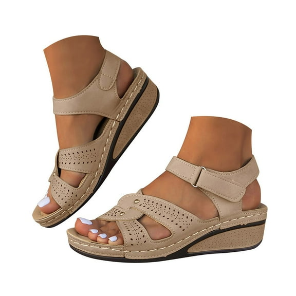 Dakaela Womens Orthopedic Wedge Sandals Leather Cutout Dressy Casual Slip on Shoes Summer Beach Flats