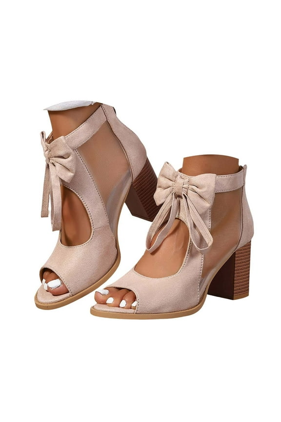 Womens Peep Toe Booties Chunk Heeled Sandals Breathable Ankle Boots Summer Dressy Slip on Shoes