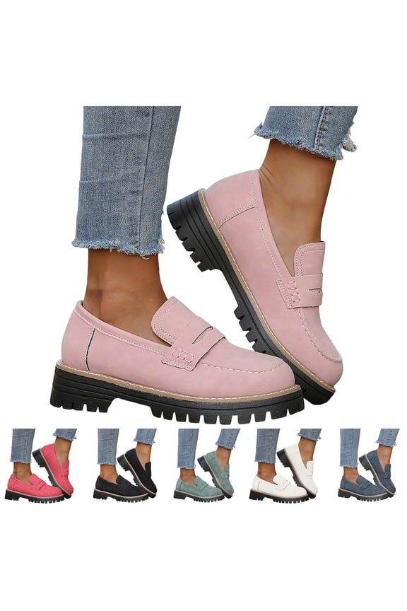 Womens Platform Penny Loafers Suede Chunky Slip on Oxfords Comfortable Work Office Business Casual Dress Shoes
