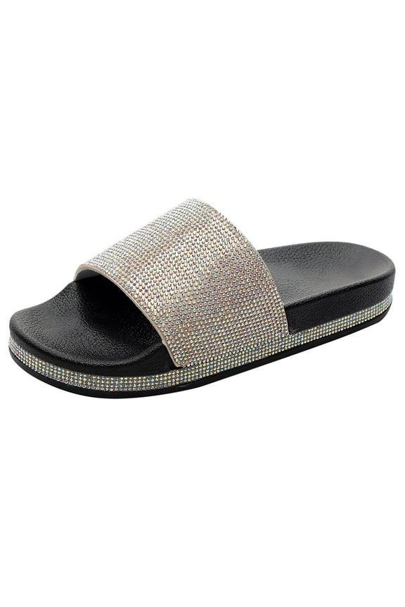 Womens Platform Sandals Rhinestone Slip on Slide Sandal Open Toe Beach Walking Slipper Shoes