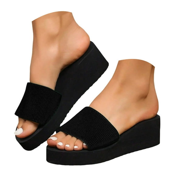 Dakaela Womens Platform Slides Sandals Open Toe Slip on Elastic Band Casual Wedge Shoes Summer Slippers