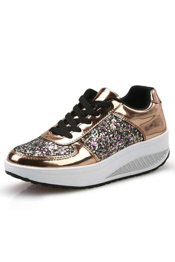 Womens Platform Sneakers Sequin Glitter Walking Tennis Shoes Lace up Wedge Slip on Sneaker Gold 6