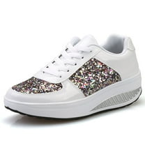 Dakaela Womens Platform Sneakers Sequin Glitter Walking Tennis Shoes Lace up Wedge Slip on Sneaker White 7