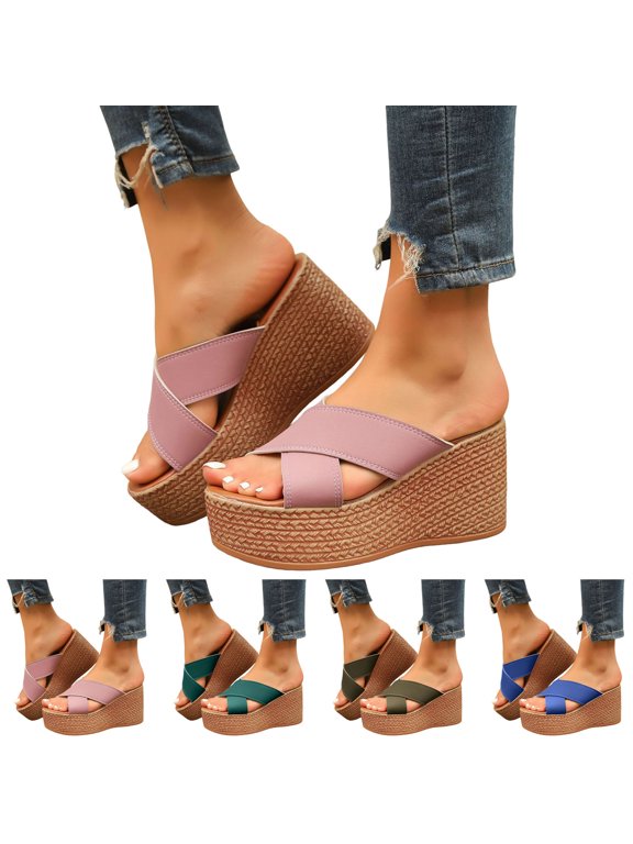 Womens Platform Wedge Sandals Criss Cross Strap Dressy Summer Slides Orthopedic Non Slip Casual Walking Slippers for Beach Vacation Army Green Size 6