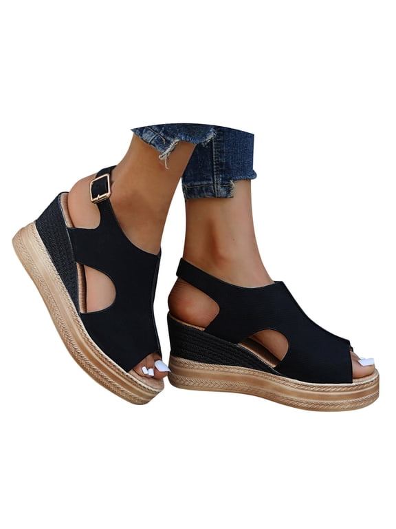Womens Platform Wedge Sandals Peep Toe Slingback Casual Espadrilles Ladies Slip on Walking Shoes