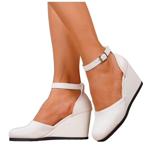 Dakaela Womens Platform Wedge Sandals Round Closed Toe Dressy Summer Shoes Comfortable Ladies High Heels for Bride Wedding Party (White,7)