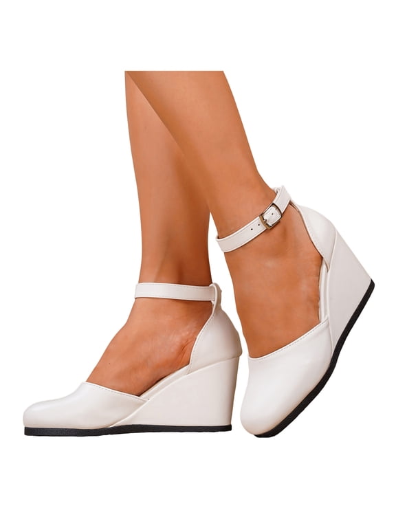 Womens Platform Wedge Sandals Round Closed Toe Dressy Summer Shoes Comfortable Ladies High Heels for Bride Wedding Party (White,8)