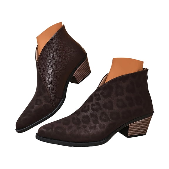 Dakaela Womens Pointed Toe Ankle Boots V Cut Back Zipper Leopard Print Chelsea Booties Slip On Chunky Low Heel Dressy Western Bootie Size 5.5‑10.5
