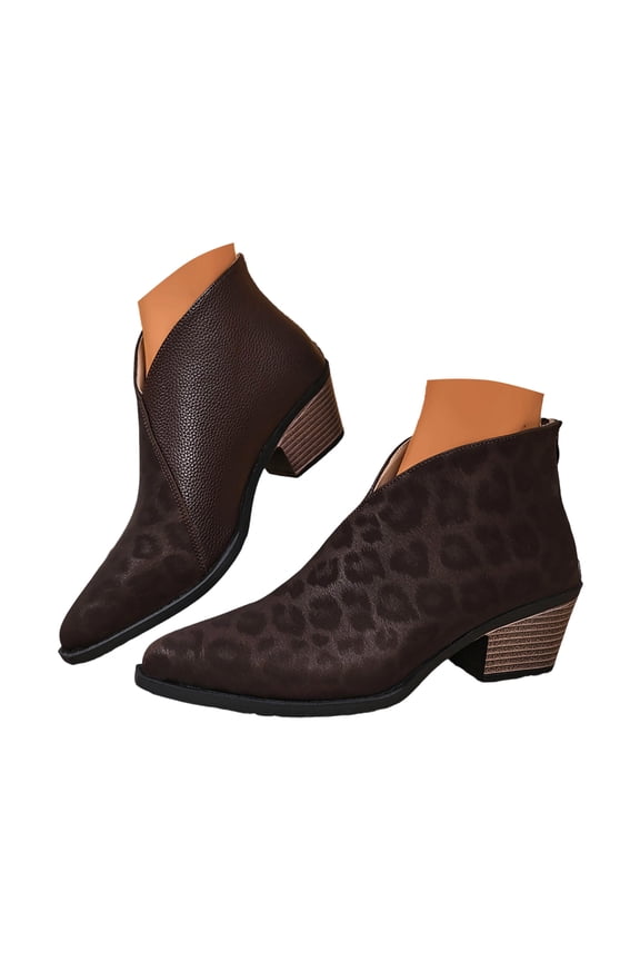Womens Pointed Toe Ankle Boots V Cut Back Zipper Leopard Print Chelsea Booties Slip On Chunky Low Heel Dressy Western Bootie Size 5.5‑10.5