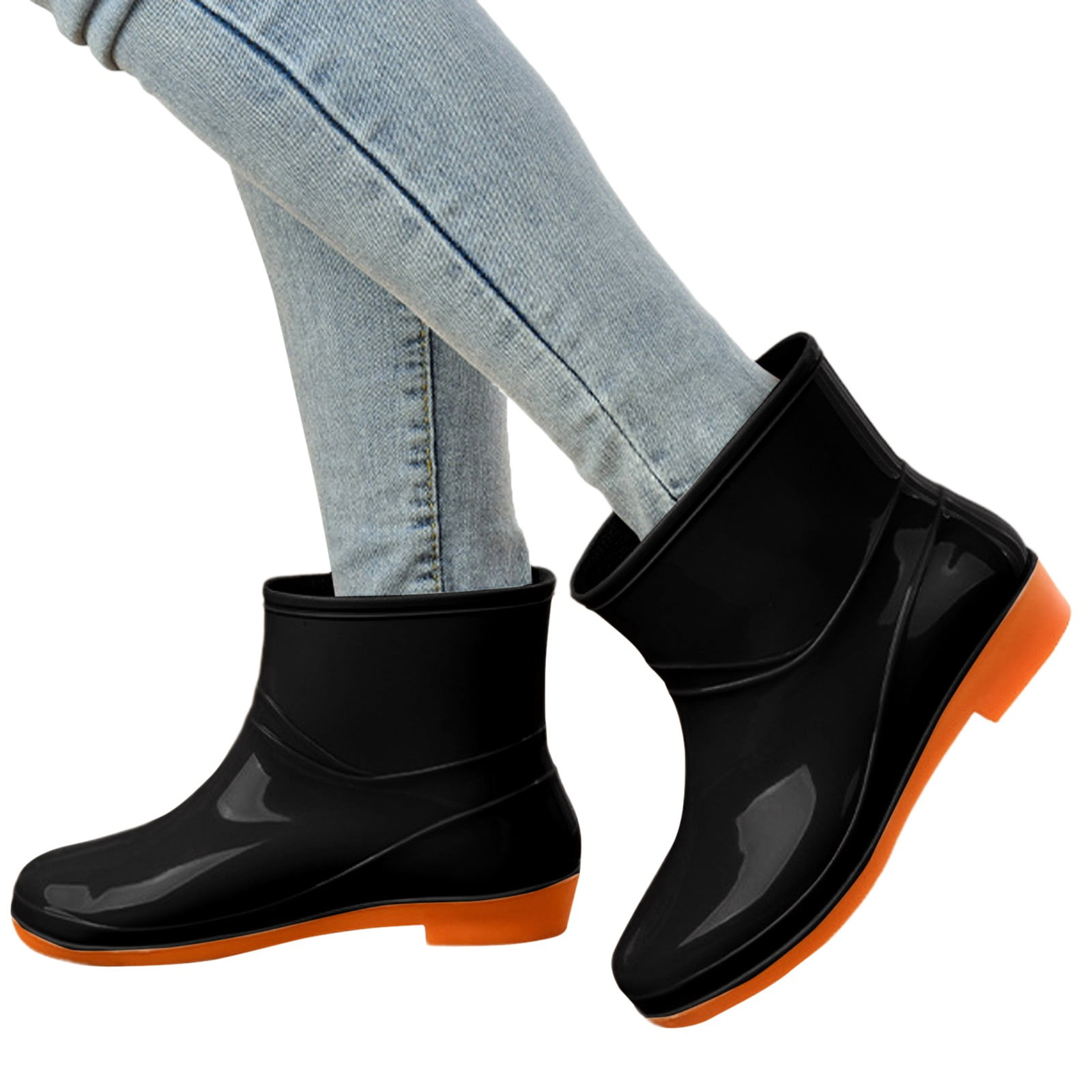 Dakaela Womens Rain Boots Waterproof Slip on Garden Shoes Rubber Sole Ankle Rainboots Booties Black 8