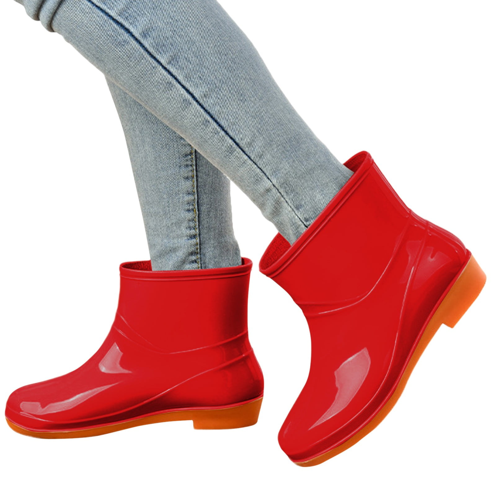 Dakaela Womens Rain Boots Waterproof Slip on Garden Shoes Rubber Sole Ankle Rainboots Booties Red 6.5