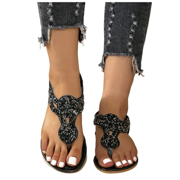 Dakaela Womens Rhinestone Flat Sandals Elastic Ankle Strap Casual Flip Flops Summer Walking Shoes