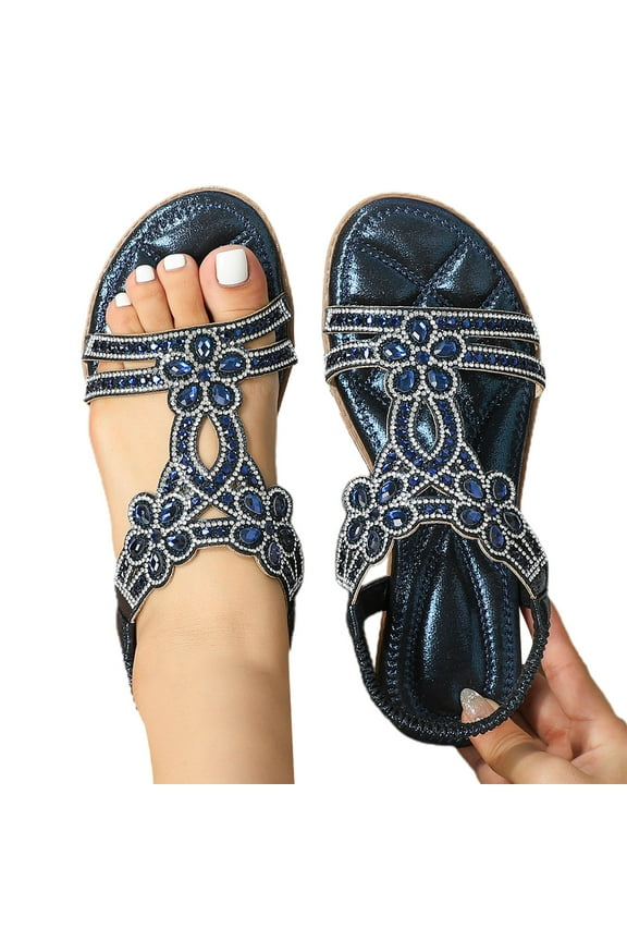 Womens Rhinestone Sandals Walking Slip on Shoes Ankle Elastic Jeweled Dress Flats Size 6-9