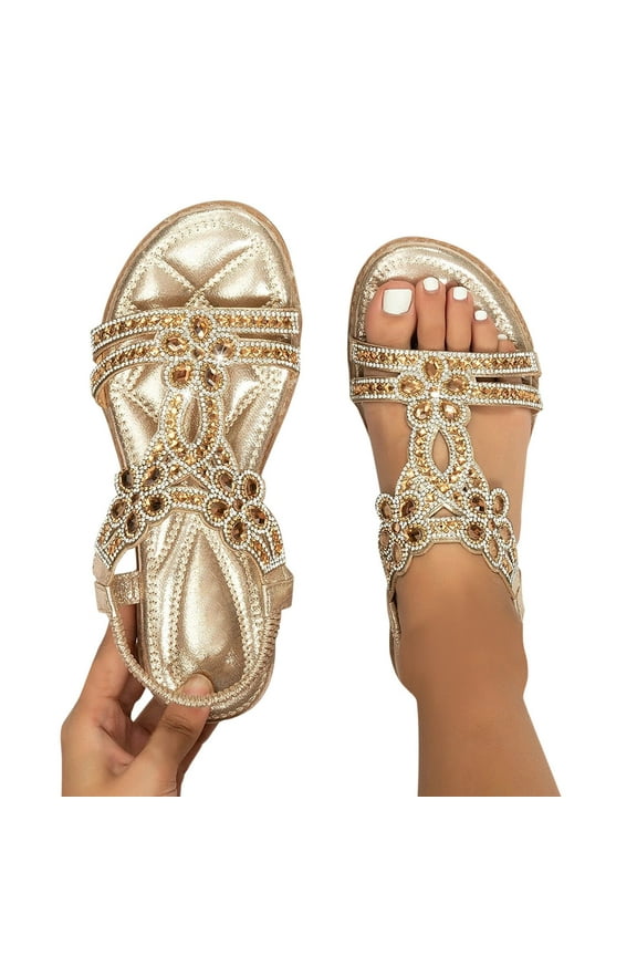 Womens Sandals Arch Support Summer Flat Slides Ankle Elastic Strap Bohe Walking Dress Shoes