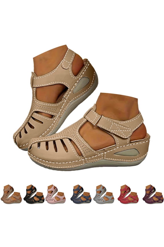 Womens Sandals Closed Toe Wedge Platform Dressy Shoes Comfortable Ankle Strap Casual Summer Beach Slip on Sandal Beige 6