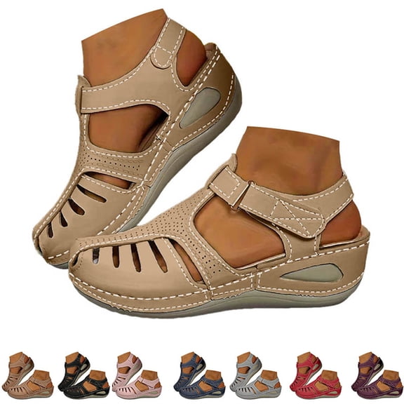 Dakaela Womens Sandals Closed Toe Wedge Platform Dressy Shoes Comfortable Ankle Strap Casual Summer Beach Slip on Sandal Beige 9.5