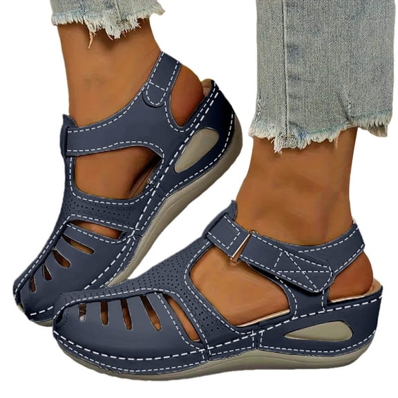 Dakaela Womens Sandals Closed Toe Wedge Platform Dressy Shoes Comfortable Ankle Strap Casual Summer Beach Slip on Sandal Blue 6.5