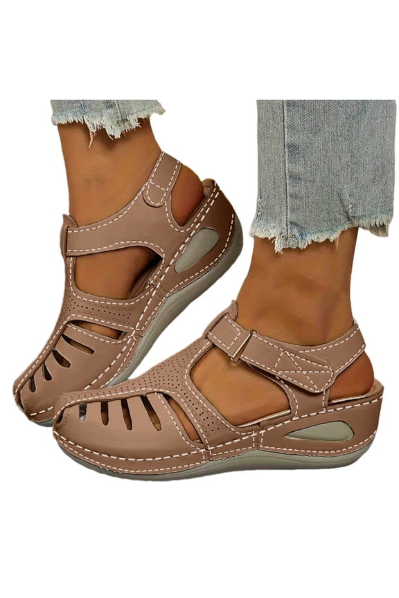 Womens Sandals Closed Toe Wedge Platform Dressy Shoes Comfortable Ankle Strap Casual Summer Beach Slip on Sandal Brown 10