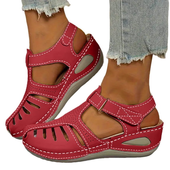 Dakaela Womens Sandals Closed Toe Wedge Platform Dressy Shoes Comfortable Ankle Strap Casual Summer Beach Slip on Sandal Red 6.5