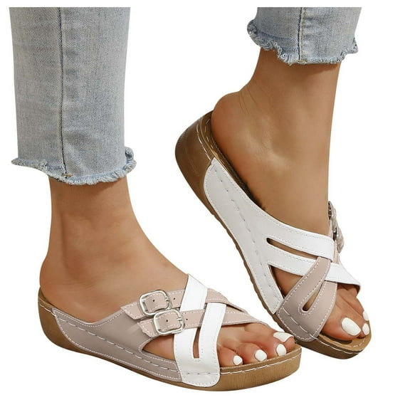 Dakaela Womens Sandals Dressy Summer Slides Comfortable Casual Non Slip Platform Wedge Shoes Beige 6.5