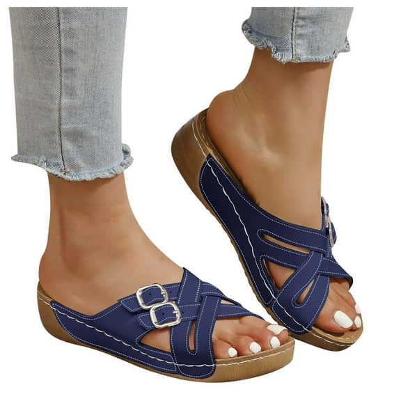 Dakaela Womens Sandals Dressy Summer Slides Comfortable Casual Non Slip Platform Wedge Shoes Blue 7