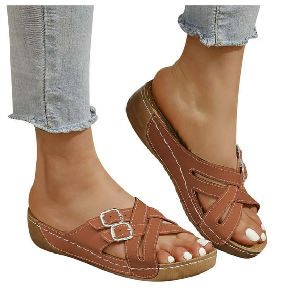 Dakaela Womens Sandals Dressy Summer Slides Comfortable Casual Non Slip Platform Wedge Shoes Brown 9