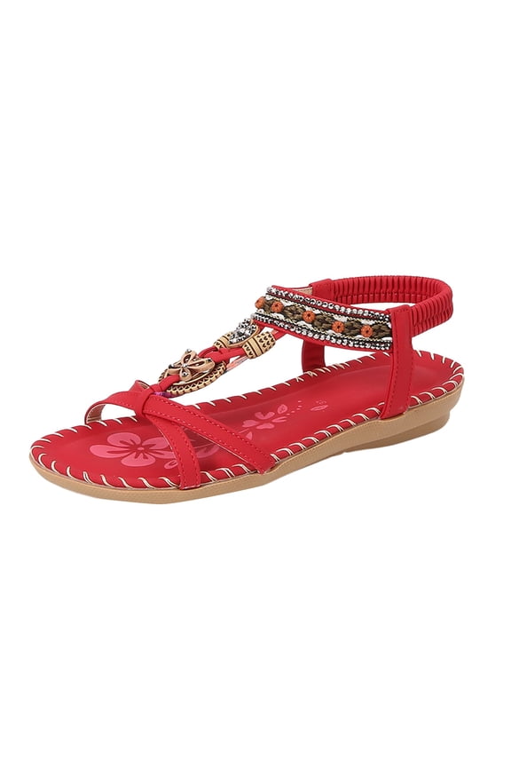 Womens Sandals Shoes Comfort Walking Non Slip on Casual Jeweled Bohemian Dress Flats Red 8.5