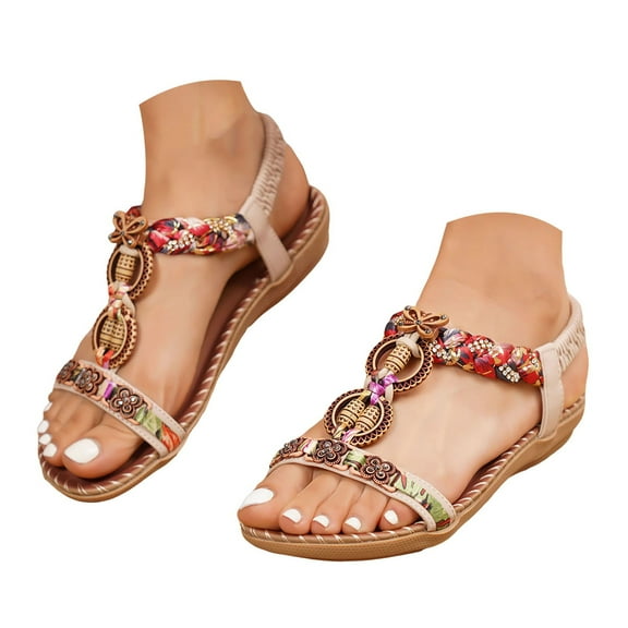Dakaela Womens Sandals Shoes Comfort Walking Non Slip on Casual Summer Beach Jeweled Bohemian Flats