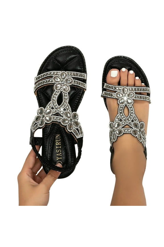 Womens Rhinestone Sandals T-Strap Buckle Bohemian Shiny Flats Open Toe Slip on Walking Shoes