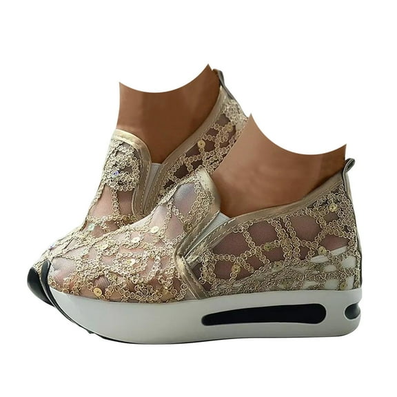 Dakaela Womens Sequin Platform Sneakers Mesh Slip on Casual Shoes Wedge Loafers Walking Work Shoes