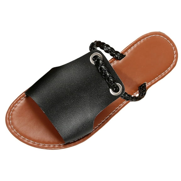 Dakaela Womens Slide Sandals Leather Summer Beach Shoes Comfortable Casual Flip Flops Flat Sandal