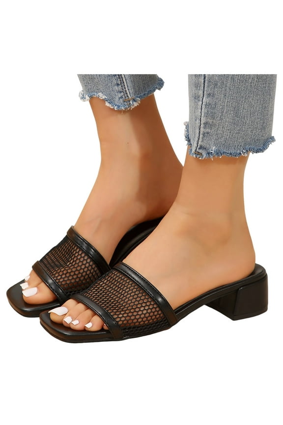 Womens Slide Sandals Mesh Heels Mules Square Open Toe Slip on Summer Dress Shoes