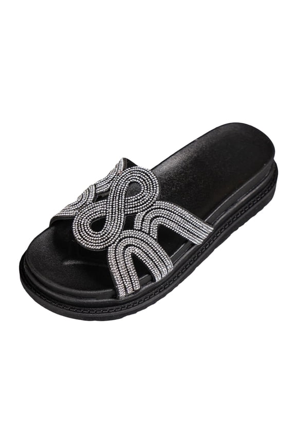 Womens Slip on Platform Sandals Rhinestone Summer Dressy Slides Open Toe Walking Slippers