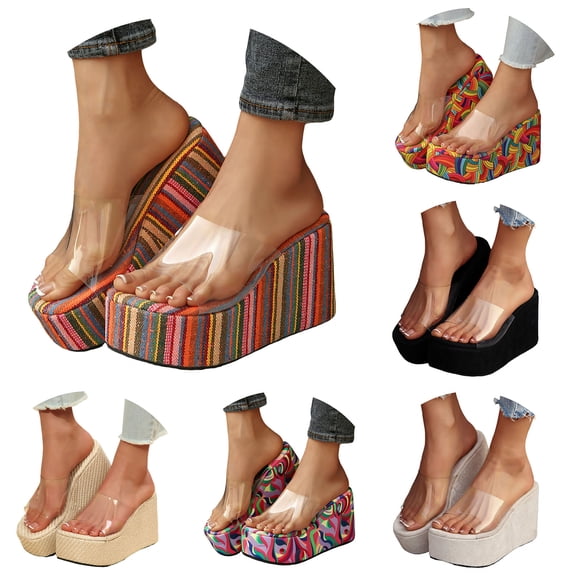 Dakaela Womens Slip on Platform Wedge Sandals Open Toe High Heel Clear Band Slides Summer Dress Shoes 3.54 Inches Heels Size 6.5