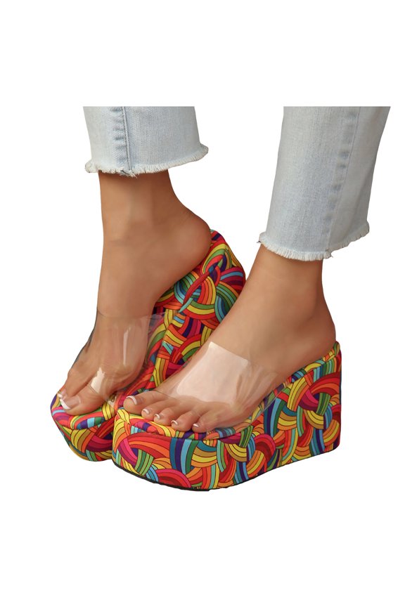 Womens Slip on Platform Wedge Sandals Open Toe High Heel Clear Band Slides Summer Dress Shoes 3.54 Inches Heels Size 6.5