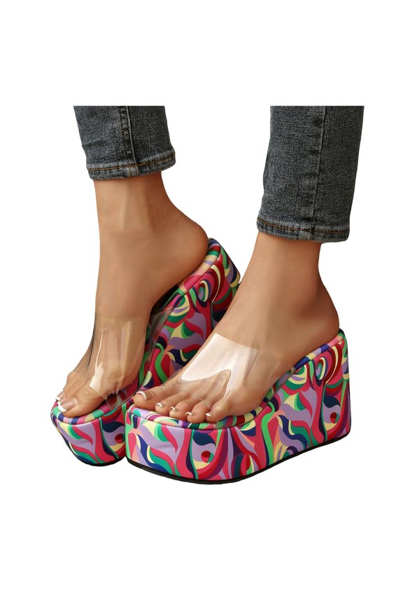 Womens Slip on Platform Wedge Sandals Open Toe High Heel Clear Band Slides Summer Dress Shoes 3.54 Inches Heels Size 9.5