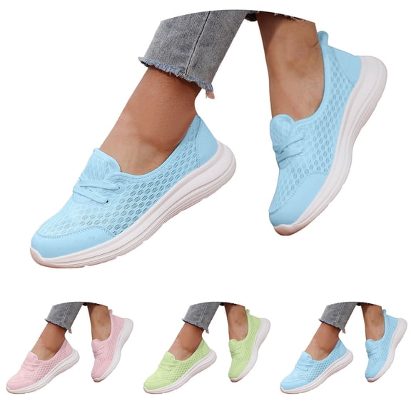 Dakaela Womens Slip on Sneakers Breathable Mesh Knitted Woven Low Top Running Walking Shoes Wide Width Casual Fashion Sneakers Blue 6