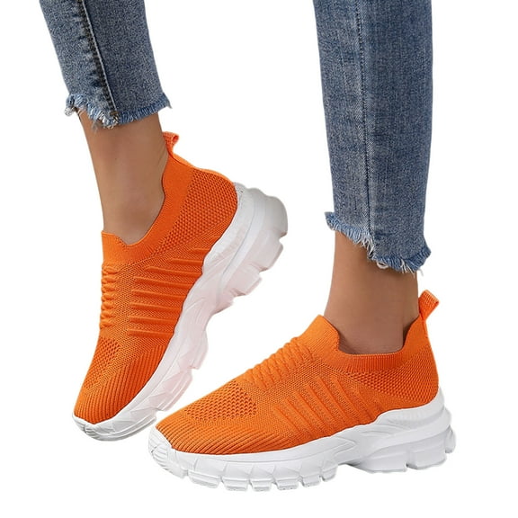 Dakaela Womens Slip on Walking Shoes Mesh Casual Tennis Running Sneakers Comfort Sock Shoe Orange 9