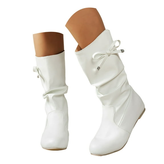 Dakaela Womens Slouch Flat Boots Round Toe Mid Calf Cowgirl Western Booties Winter Walking Work Boot