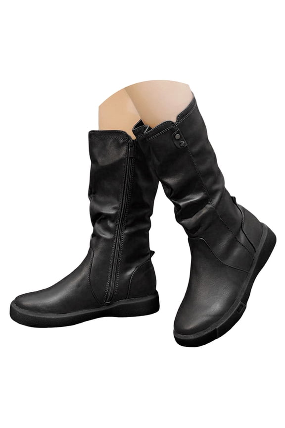 Womens Slouch Mid Calf Flat Boots Low Heel Morotcycle Riding Booties Ladies Winter Pull on Boot