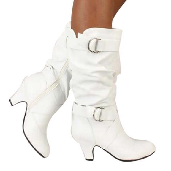 Dakaela Womens Slouchy Mid Calf Boots Block Low Heel Leather Booties Round Toe Pull on Fall Winter Shoes