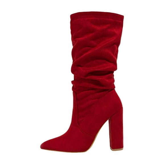 Dakaela Womens Slouchy Mid Calf Boots Suede Slip on Chunky Block Heel Pumps Dressy Riding Tall Boot